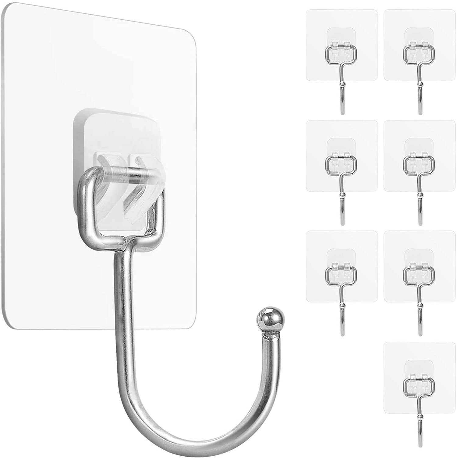 DELFINO Large Adhesive Hooks, 8 Pcs Waterproof and Rustproof Wall Hooks for Hanging Heavy Duty, Stainless Steel Towel and Coats Hooks to Use Inside Kitchen, Bathroom, Home and Office