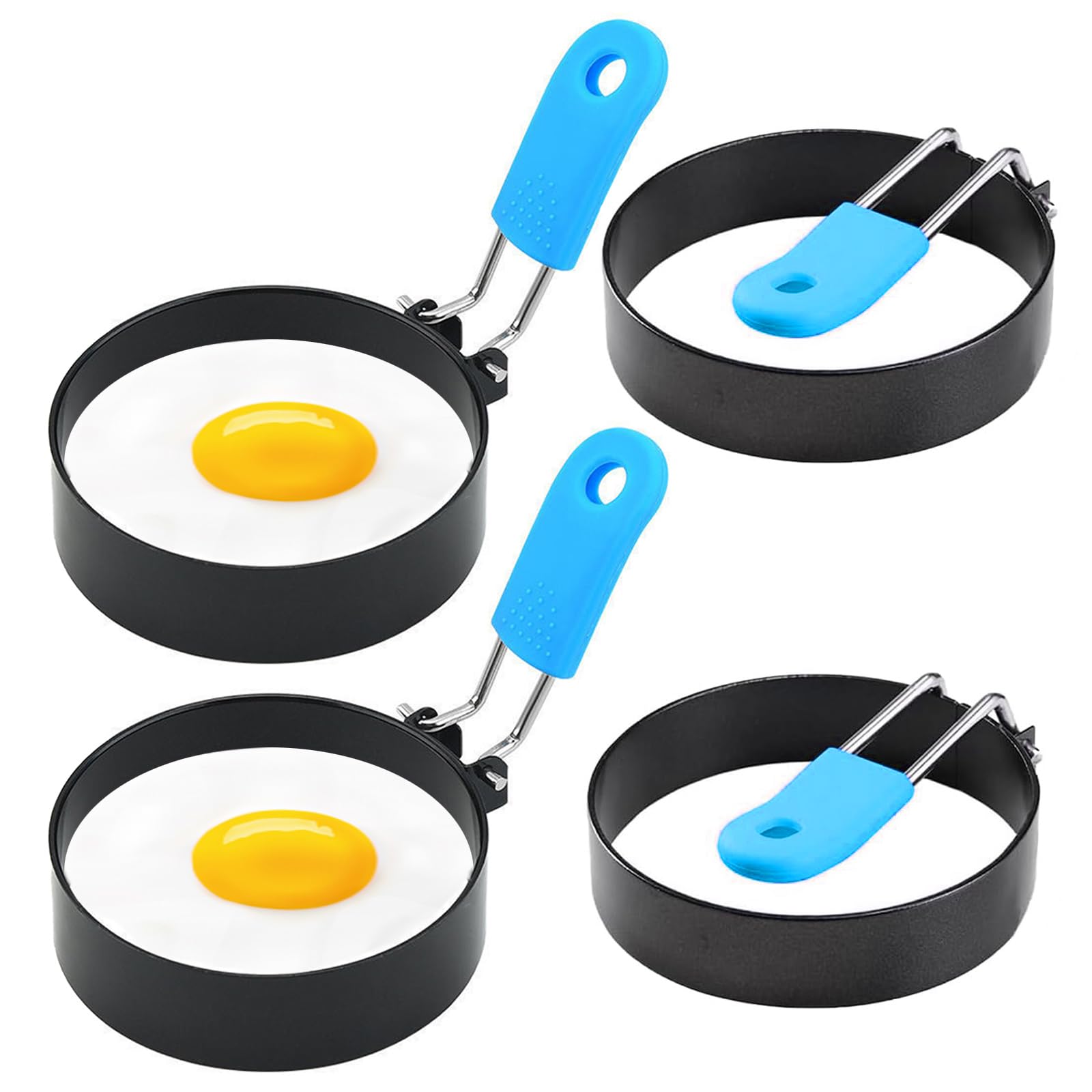 4pcs Egg Rings for Frying, Stainless Steel Egg Rings with Anti-Scald Folding Handle, Non Stick Fried Egg Rings for Household Kitchen Cooking Egg Frying Breakfast Mini Burger