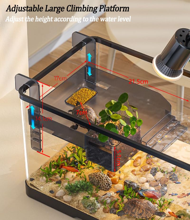 Homodoskey Acrylic Fish Aquarium Ultra Clear, Turtle Tank Starter Kit with Light & Filter, Innovative Bottom Drainage, Desktop Mini Habitat - Multi-Function Areas for Crabs & Small Reptiles (Size L)