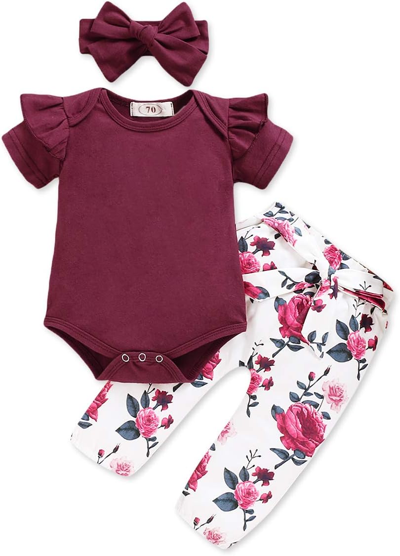 Toddler Baby Girl Clothes Newborn Outfit Ruffle Sleeve Romper Onesies Floral Pants Set Cute Infant Baby Clothes Summer