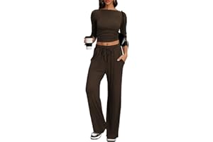 IEEILULU Cozy 2 Piece Lounge Sets for Women, Side Ruched Long Sleeve Top & Wide Leg Pants Casual Matching Tracksuit for Home & Travel
