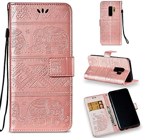 Galaxy S9 Plus Wallet Case, ESSTORE Retro Elephant PU Leather Protective Covers with Card Slot Holder Wallet Case for Samsung Galaxy S9 Plus, Rose Gold