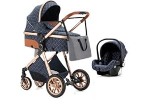 Zkiprm 3 in 1 Stroller, Infant Stroller with Automobile Seat, Portable Baby Stroller, One-Click Folding, Combination Stroller Landscape High Aluminum Frame Blue