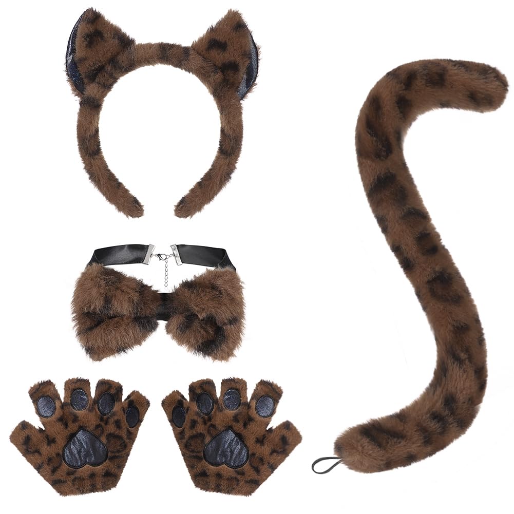 HKSICHENGKEJIUK 4pcs Cat Cosplay Set Cat Headband Gloves Collar Tail Kit Halloween Plush Furry Cat Cosplay Costume for Women Cute Fancy Dress Up Halloween Role Play Party Accessory (Leopard)
