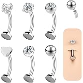 ZS 6Pcs CZ Floating Belly Button Rings, 14G Stainless Steel Belly Button Piercing, Double-ended Internally Threaded Curved Barbell Eyebrow Lip Rings for Women
