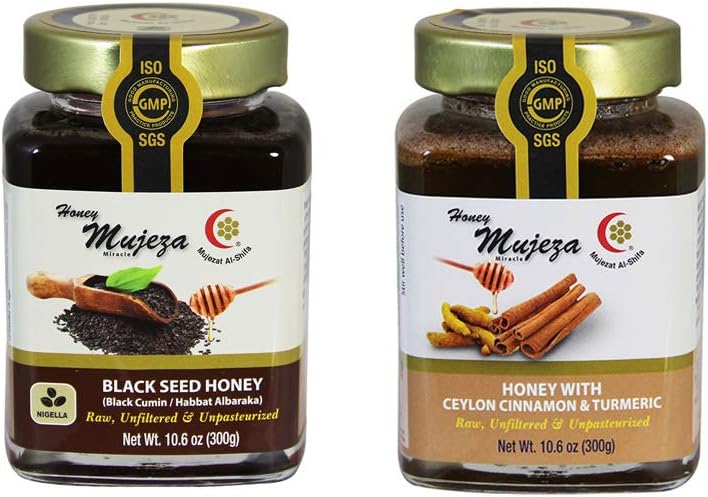 1 jar Cinnamon & Turmeric + 1 jar Black Seed Honey (300g/10.6oz) Unheated - Raw - Unfiltered - Non GMO- Gluten Free and Unpasteurized Glass Jar (Bottle Container)
