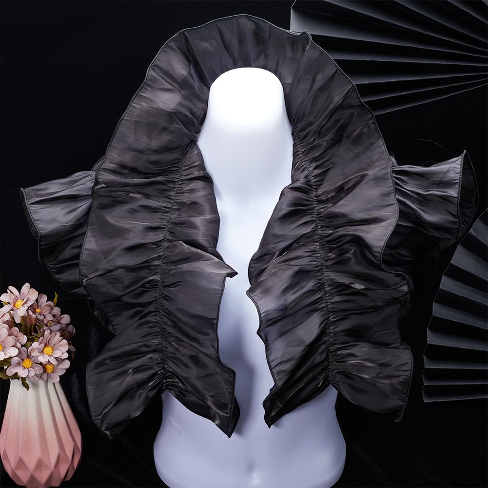 GORGECRAFT 3 Yards Double Ruffle Pleated Chiffon Trim 17cm Wide Vintage Satin Gathered Lace Border Fabric Ribbon Edge Trimming Decorative Applique for DIY Dress Costume Sewing Black