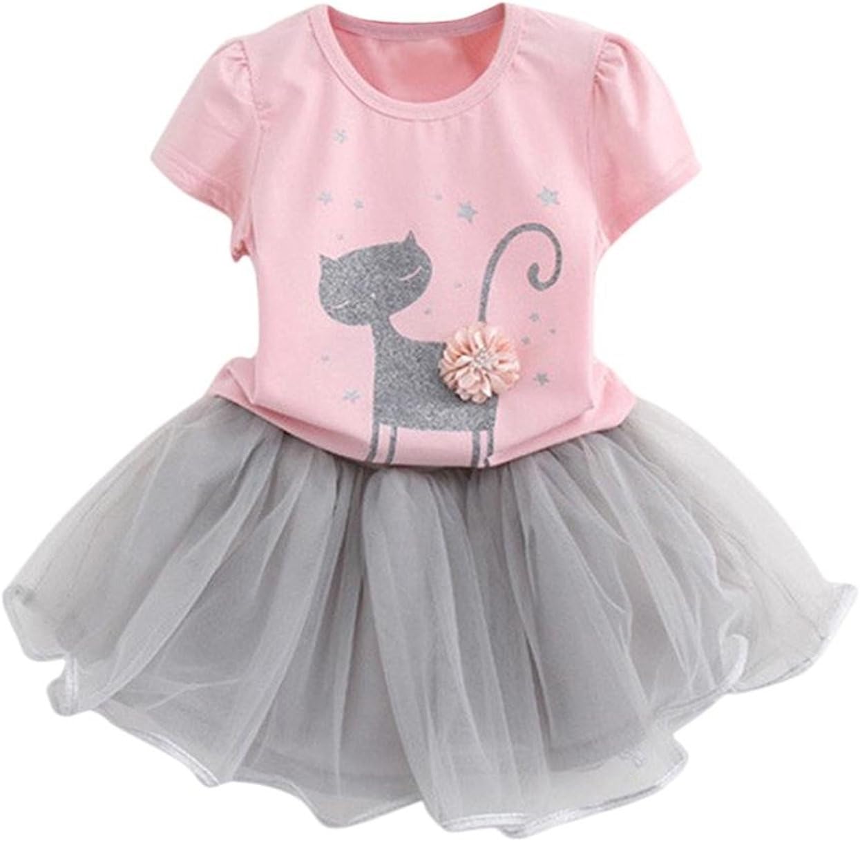 Baby Girl Tutu Dress Little Girl Short Sleeve Top+Skirt 2pcs Casual Toddler Floral Prom Dress Cat Cute
