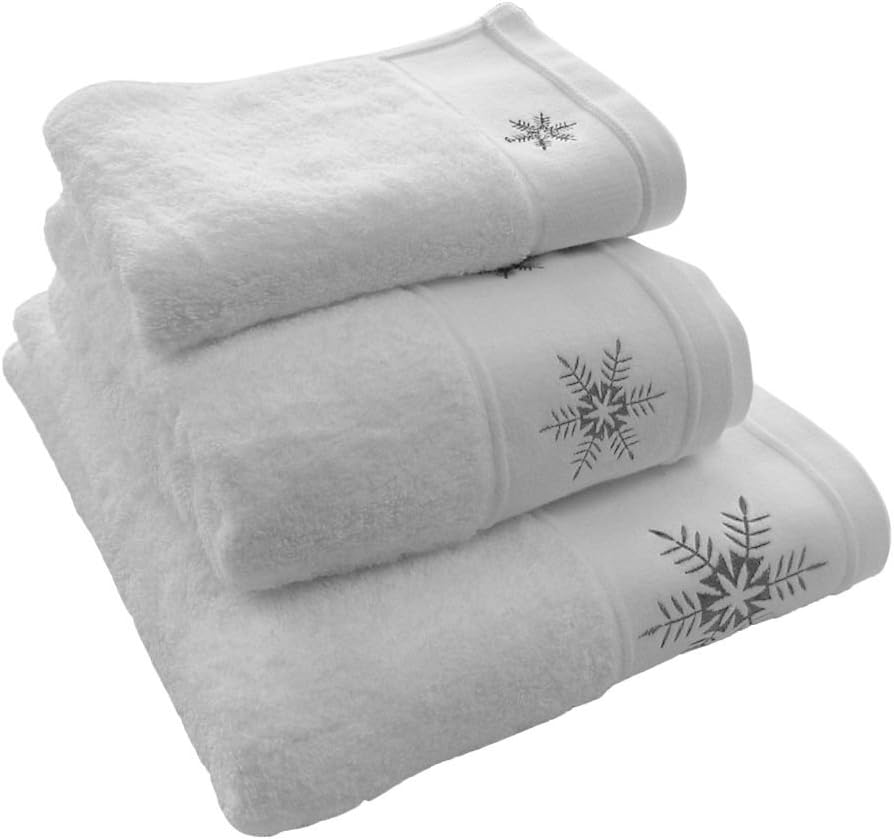 Snowflake Christmas Festive Embroidered 100% Cotton Supersoft Towel White Silver Grey (Bath Towel)