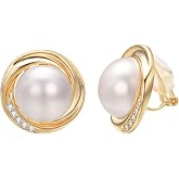 Yoursfs Large Faux Pearl Clip On Earrings For Women Dressy 18K Gold Plated Halo Rhinestone Non Pierced Earring Comfort Round Ear Clips Jewelry