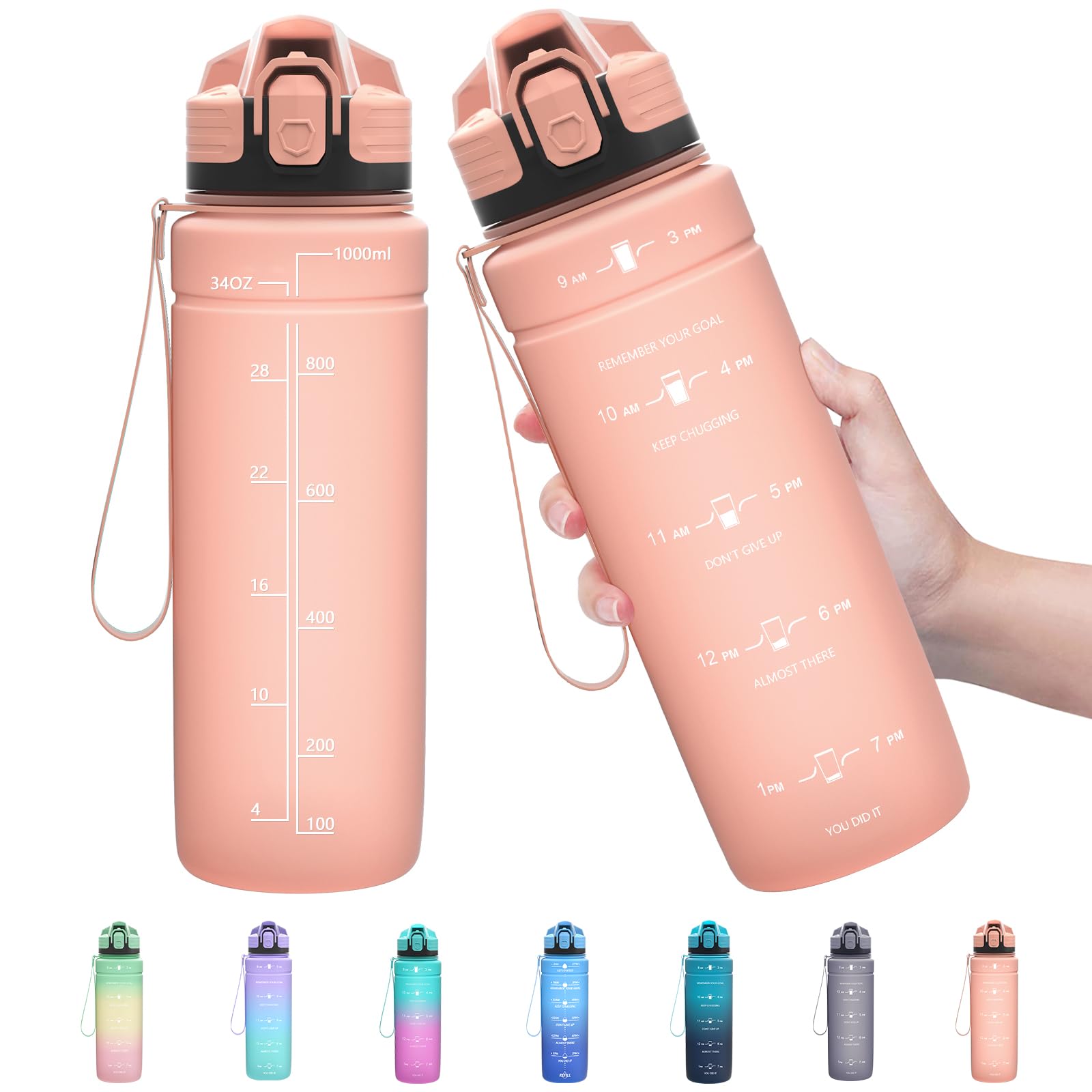 Zounich Sports Water Bottle Kids with Times to Drink Leakproof 1L / 700ml / 500ml 1Litre Drink Bottles BPA Free Motivational Adults, Gym, School, Running, Travel, Girls, Boys Filter Reusable