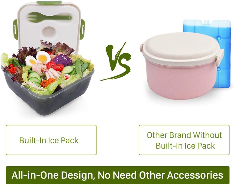  | Rassody 74 OZ Salad Container To Go for Lunch with Ice Pack, Dressing Cup and 4 Compartments for Salads Toppings, Snacks, Fruits, Built-In Fork, Large Mixing Bowl, Leak-Proof, Reusable and BPA-Free: Salad Bowls