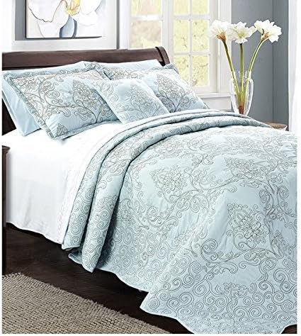 OSD 4pc 110 X 120 Light Blue Oversized Damask Bedspread Queen Floor, Hangs Over Edge Floral Bedding Drops Side Bed Frame Drapes Large Extra Wide Long French Country Pattern, Polyester