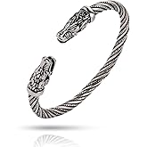 SIPURIS Norse Viking Bangle for Men Odin's Fenrir Wolf Head Arm Ring Stainless Steel Viking Wolf Twisted Cable Adjustable Open Bangle Cuff Bracelet for Men Jewelry