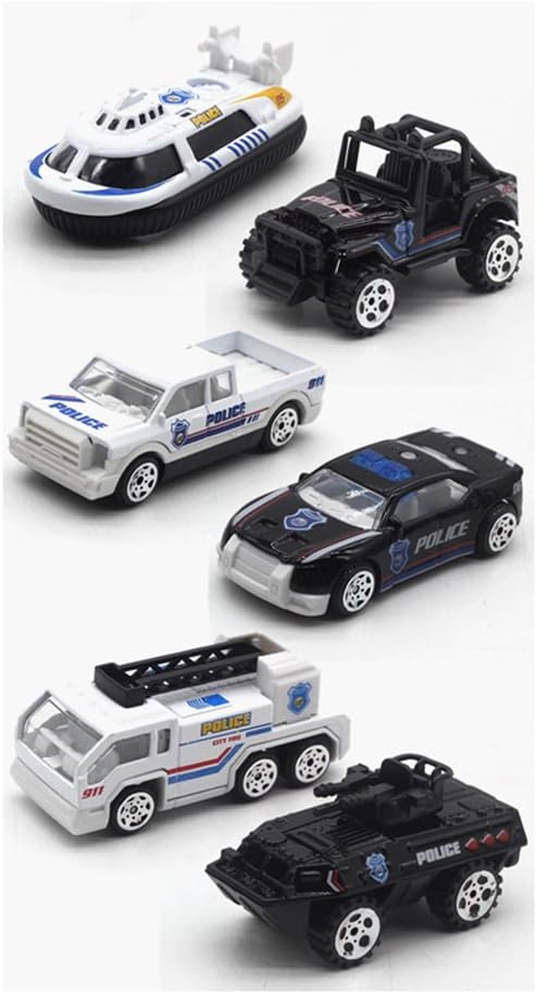 HorBous Alloy Diecast Fire Engine Police Vehicle Models Toys, Mini Toy Ladder Truck,Pinkup truck,Jeep car,Yacht,Tank,Sedan car 6 pcs Car Model Scale 1:64 (police)