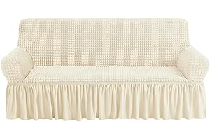 NICEEC Sofa Slipcovers Beige Couch Covers Washable Stretch Fitted Sofa Cover for 3 Cushion Couch Universal 3 Seat slipcover Durable Furniture Protector with Skirt Country Style