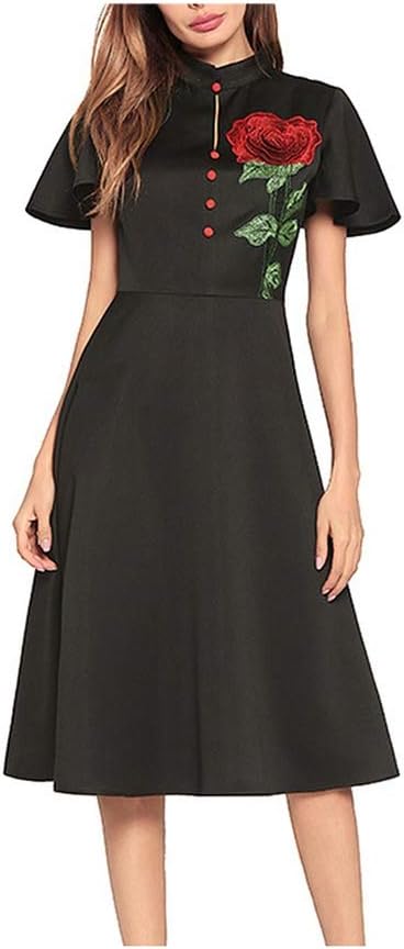 Women Solid Color Short-Sleeved Rose Embroidery Dress Back Zipper Small Stand Collar A Word Dress