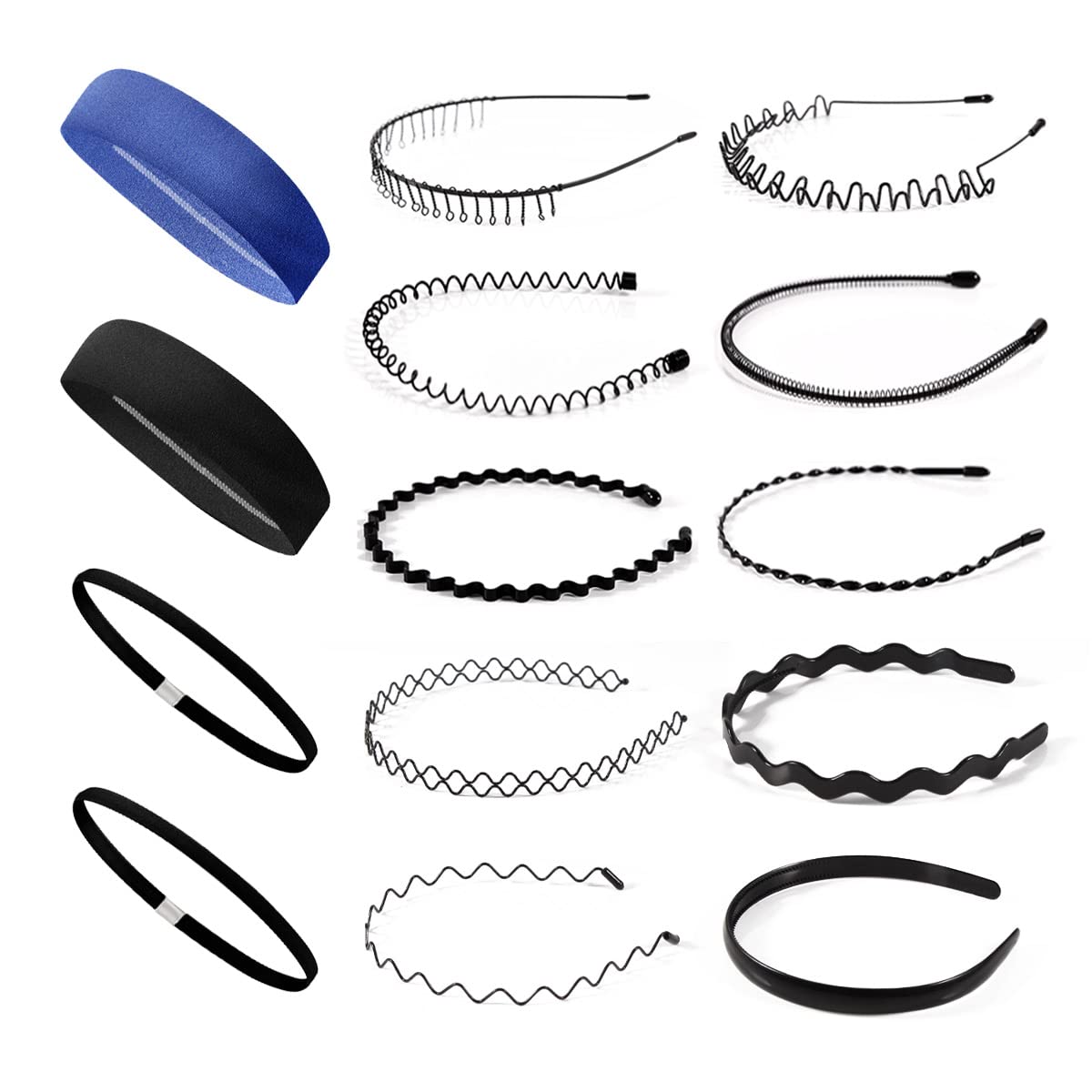 DKBT Metal Hair Bands 14 Pcs Head Band Black Wavy Headband Hair Hoop Spring Zigzag Hairband Fashion Sports Hair Bands Multi-Style Unisex Flexible Headbands Accessories for Men Women