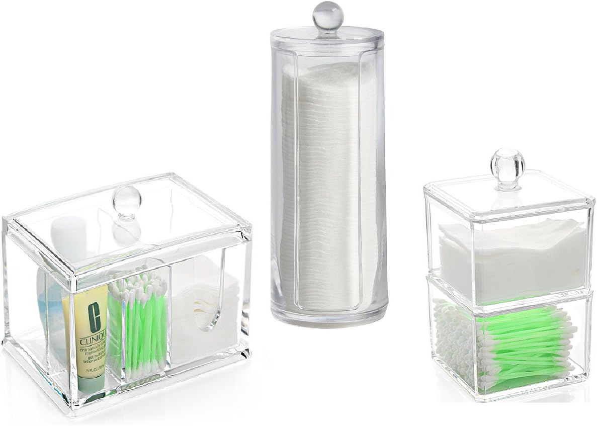 DJUNXYAN 3 Pieces Transparent Acrylic Cotton Swab Pad Ball Dispenser Container Holder With Lid Storage Organiser Set A
