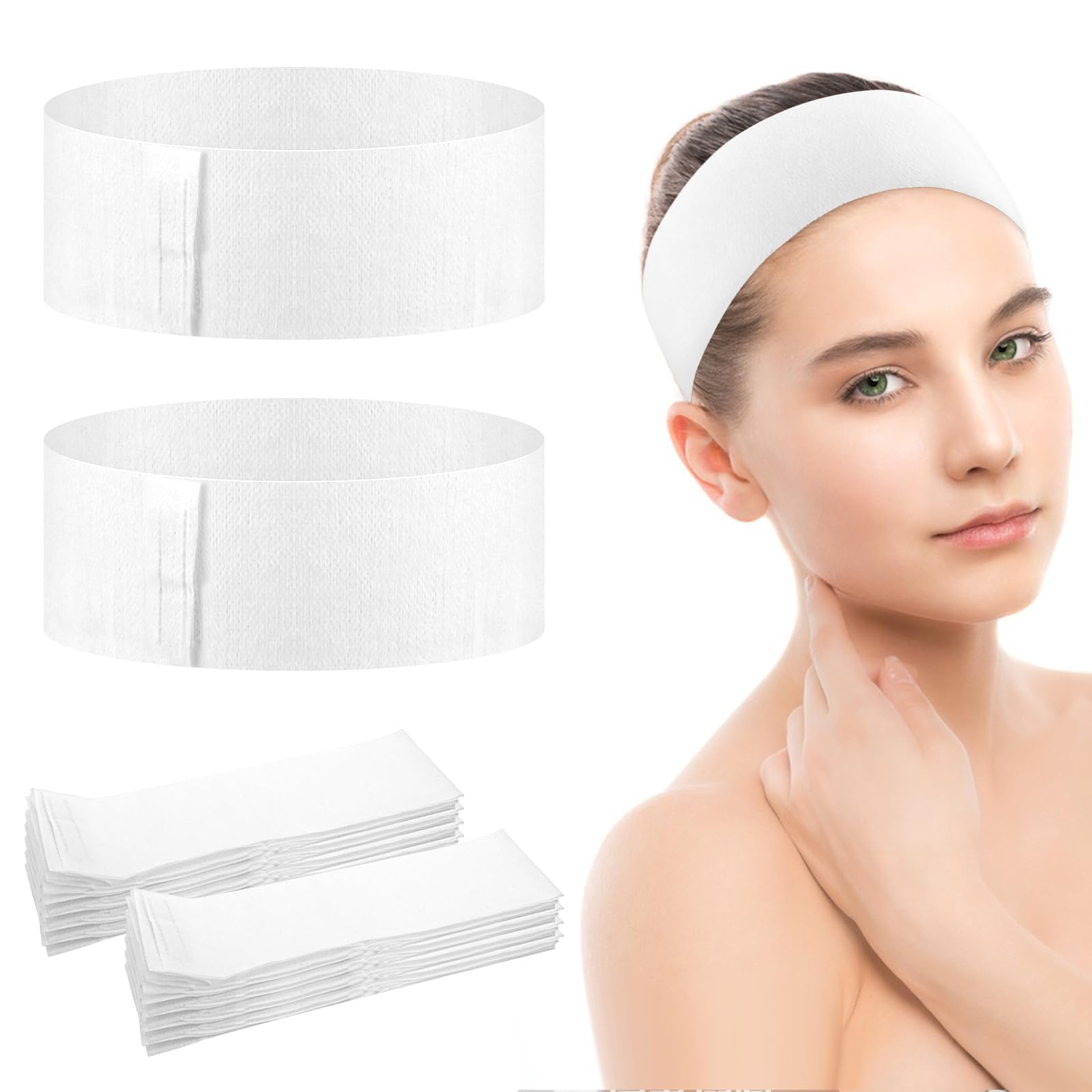 Qianyu 40 Pack Disposable Spa Facial Headbands Stretch Facial Headband Esthetician Supplies White Soft Non-Woven Wrapped Elastic Makeup Headwraps for Women Girls Skincare Bath and Sport