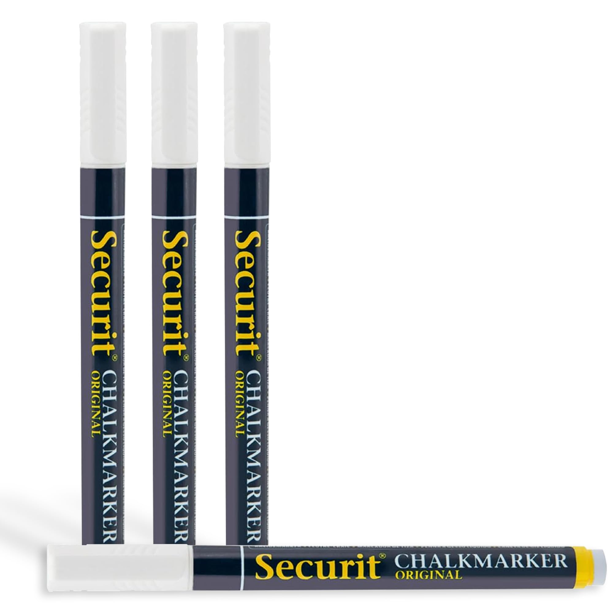 Securit Original Chalk Marker Pen Blister Pack, 1-2mm Nib Pack of 4 - White, Liquid Chalk Pens, Whiteboard Markers, Chalk Pens for Blackboard, White Erasable Pens โ image 1