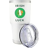 Palm City Products Premium 30 oz Irish Luck White Tumbler with Slider Lid – Stainless Steel Insulated Shamrock Tumbler – St. Patrick's Day Coffee Cup – Ideal Irish Theme Gifts for Men & Women