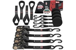 Vehiclex Ratchet Tie Down Straps (1800 Lbs Break Strength) - 15 Ft Versatile Straps for Powersports, Garage, and Outdoor Use - Soft Loops, Deep S-Hooks & Comfort Grip Handle (4 Pack, BLACK)