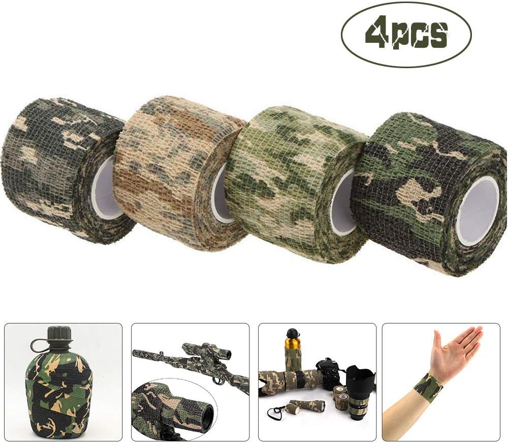 ASEOK 4 Pieces,Camo Tape Fabric,Camouflage Tape Wrap,Camouflage Tape for Guns,Stealth Camo Tape Camera Stretch Tape Woodland Hunting Camo Rifle Wrap Durable and Reusable,Length 4.5m(177.16in)