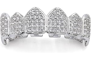 JINAO 18K Gold Plated Iced Out CZ Grillz Fang Top Bottom Mouth Teeth Grills Set for Men Women