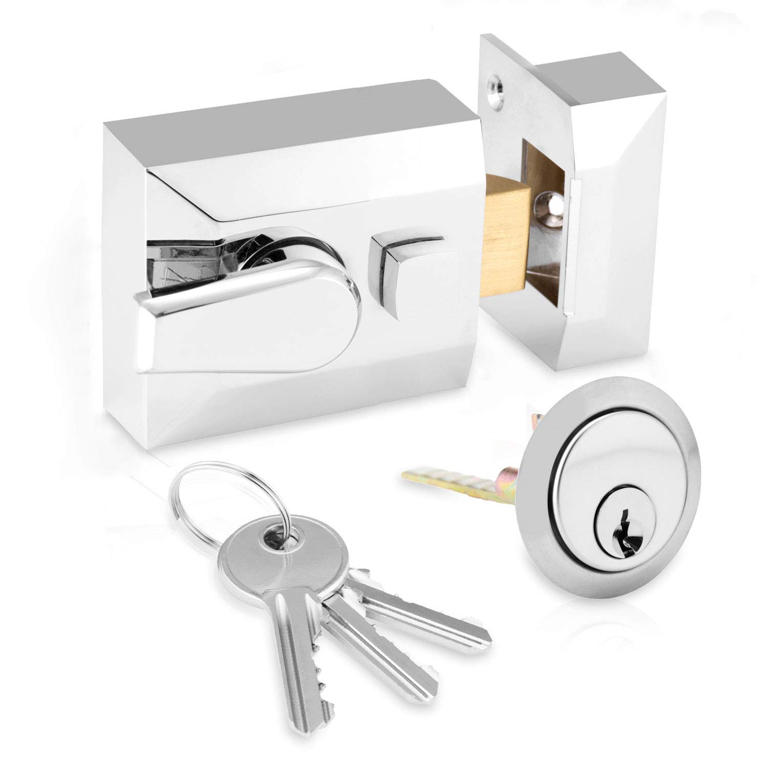 XFORT® Narrow Deadlocking Night Latch 40mm, Complete with Rim Cylinder and 3 Keys, Elegant Polished Chrome Nightlatch, External Door Lock for Front Door, High Security for Your Home or Workplace — image 1