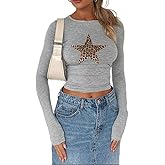 POHADON Women's Leopard Star Print Shirts Long Sleeve Crew Neck Basic Casual Slim Fit T Shirts Going Out Tee Tops Y2K Clothes
