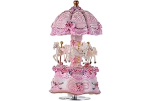 ACCOCO Carousel Music Box Luxury Color Change LED Light Luminous Rotating 3-Horse Carousel Horse Music Box Melody Carrying You from Castle in The Sky(Castle in The Sky, Pink)