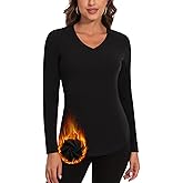 WOWENY Thermal Shirts for Women V Neck Fleece Lined Long Sleeve Base Layer Soft Warm Underwear Tops Cold Weather