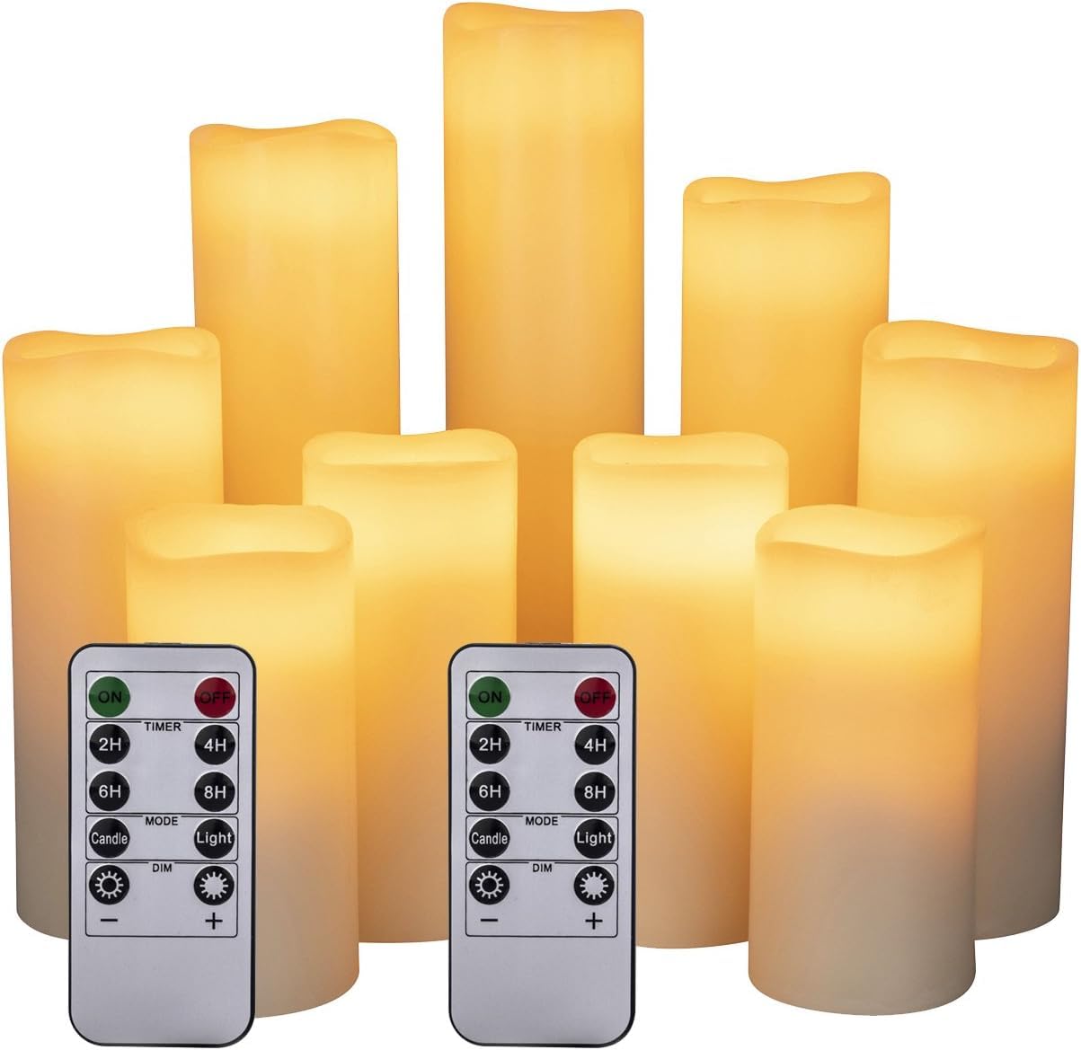HANZIM LED Candles,Flameless Candles Φ 2.2" x H 4"/5"/6"/7''/8''/9'' Real Wax Battery Candle Pillars, 10 Key Remote Control with 24 Hour Timer Function (Ivory) (1 * 9)