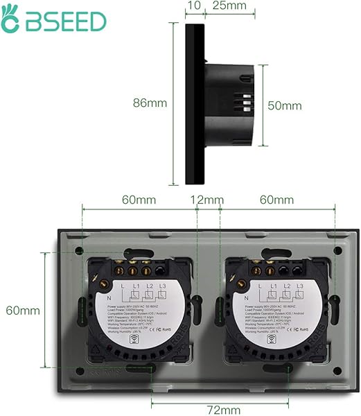 BSEED Interruptor de Luz Inteligente de Alexa Tctil 2 Gang 1 Va und 1 Gang 1 Va Neutralstrom Erforderlich AlexaTuyaGoogle Home kompatible Vidrioscheibe 157 86 Negro