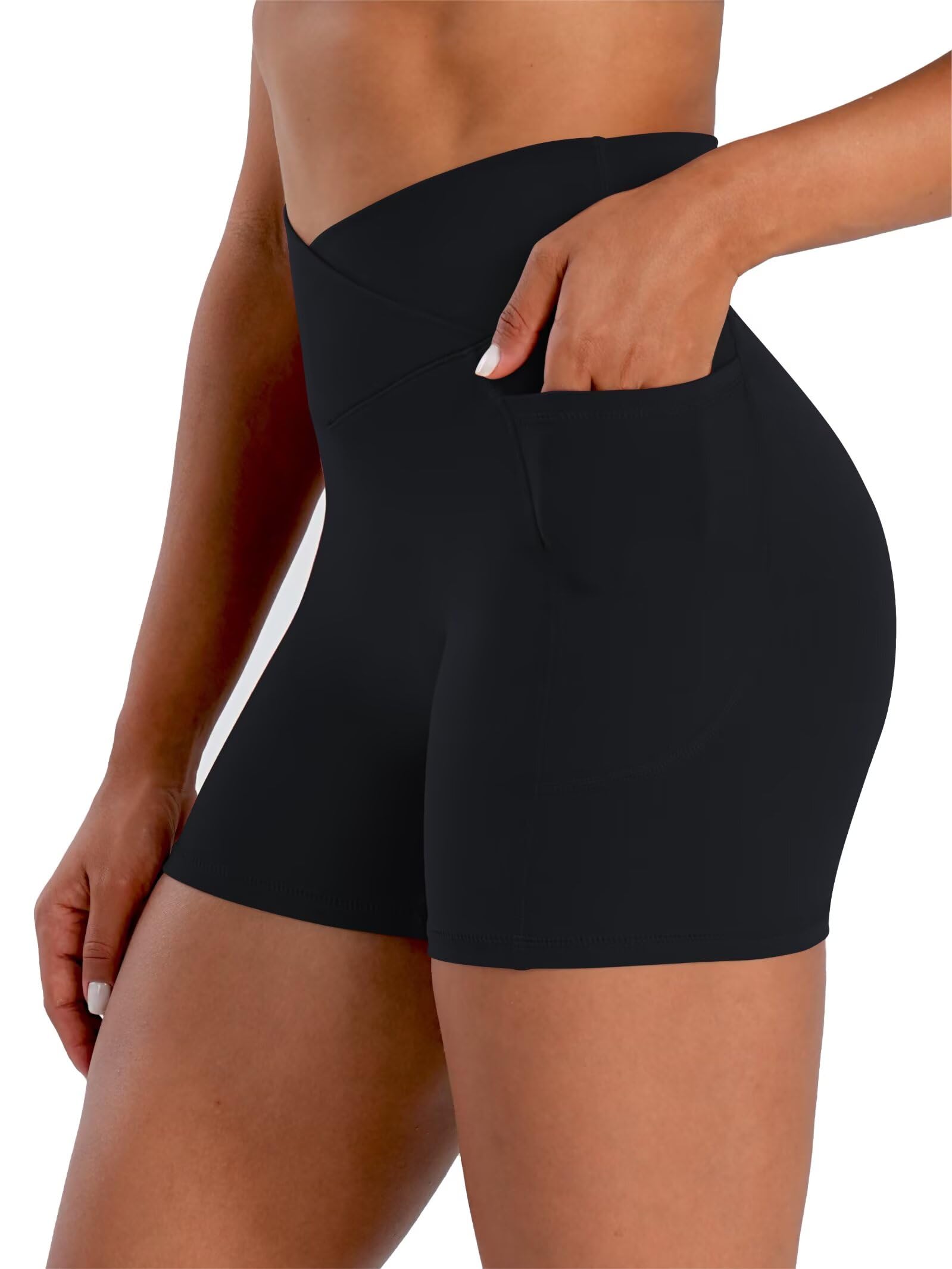 Photo 1 of Sunzel Hidden Butt Lifting Scrunch Biker Shorts Women with Pockets Crossover High Waist Yoga Gym Workout Tummy Control Shorts Black X-Large