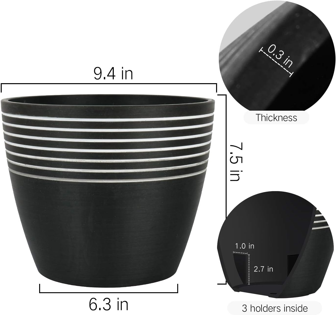 LA JOLIE MUSE Indoor Planter Flower Pot - Plant Pots for Indoor and Outdoor Plants, Contemporary Chic Planter with Stripe Pattern, 9.4 Inch, Charcoal & White : Garden & Outdoor