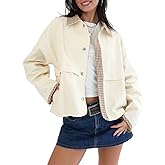 CUFEZN Womens Gingham Contrast Jacket Lightweight Lapel Cropped Trench Coat with Snap Button and Plaid Trim Cuffs