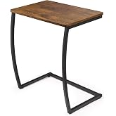 SRIWATANA Walnut C Shaped Side Table, Vintage End Table for Sofa Couch Bed | Space-Saving C-Table Slides Under Sofa, Sturdy Wood &amp; Metal Frame with Adjustable Feet for Laptop, Coffee, and Snack Use