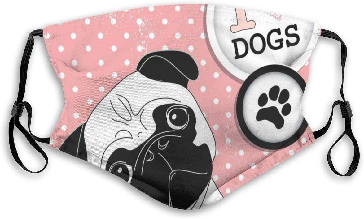 NYF I Love Dogs with A Paw Print Emblem Pug with Tilted Head Cute Fun Animal Print Comfortable Travel Mask with PM2.5 Activated Carbon Filter Mask