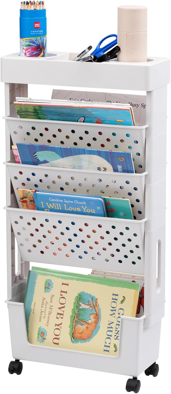 DOEWORKS Mobile Bookshelf on Wheels 5-Tier White Storage Cart Strong Wheels