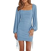 Imysty Womens Mesh Long Sleeve Square Neck Bodycon Ruched Party Cocktail Drawstring Mini Dress