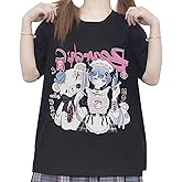 RILGOU Harajuku Kawaii Pastel Goth Fashion Casual Style Soft Crewneck Cartoon Girl with Crying Bear Print T-Shirt
