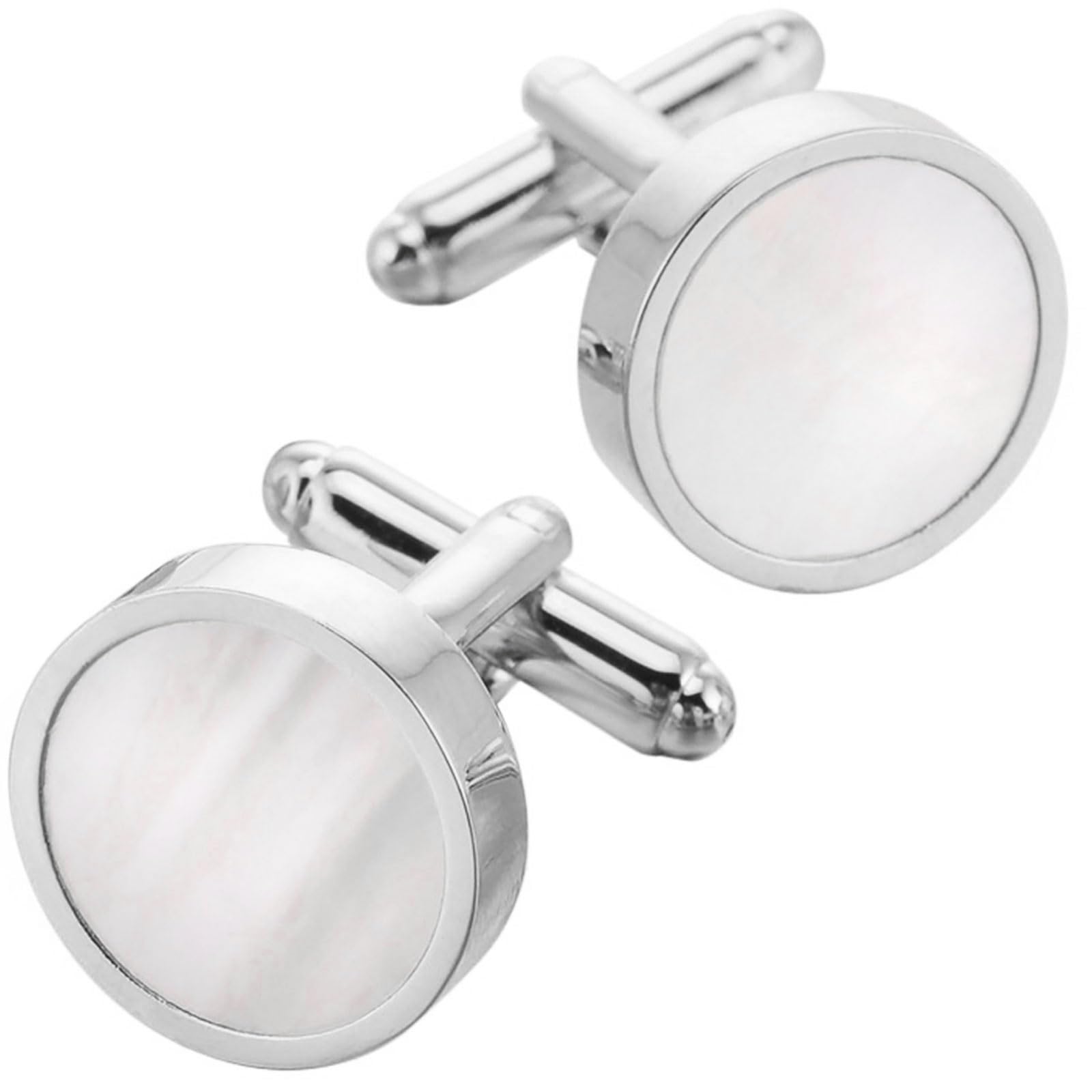 Jonwo Mother of Pearl Men Cufflinks and Tie Clip Set Regular Necktie Tie Bar Pin Cuff Links for Wedding Business Shirt Tie (Silver Cufflinks in Gift Case)