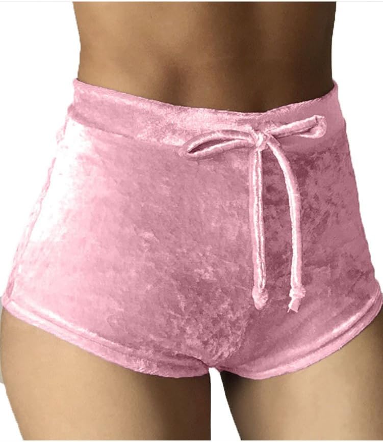 EUTOB Women's Soft Stretchy Drawstring High Waist Velvet Club Shorts, Light Pink, Small