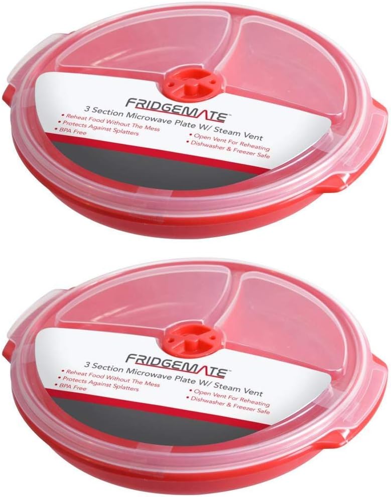2 Pack- Microwave Food Storage Travel Tray Containers - Portion Control - 3 Section Compartment Divided Plates with Vented Lid For Easy Reheat - Top Quality (2, Red)