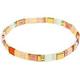 Sonateomber Tila Flat Beaded Stretch Bracelets for Women, Trendy Stackable Colorful Glass Square Beads Stack Bracelet Beach Jewelry Gift