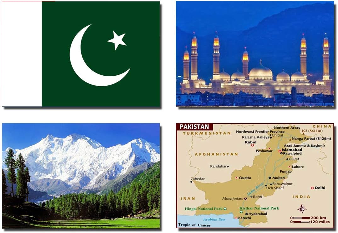 GIFTSCITY Set of 4 Pakistan Refrigerator Magnets Fridge Magnets โ Pakistan Flag Pakistan MAP Pakistan Attractions