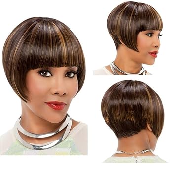 Shentianwei Wig Female Short Straight Hair Brown Highlights Black
