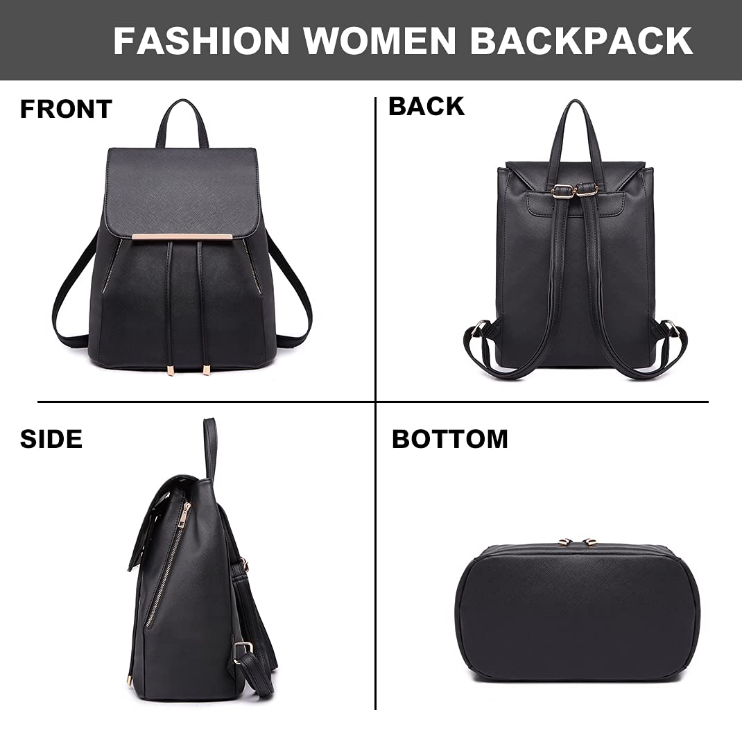 Miss Lulu Backpack Womens Fashion Backpacks Black Backpack Ladies PU Leather Waterproof Daypack Medium School Work Travel